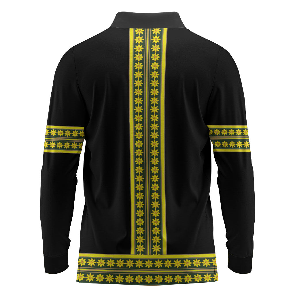 Ethiopian Enkutatash Long Sleeve Polo Shirt Black Adey Flower Tilet Habesha Inspired