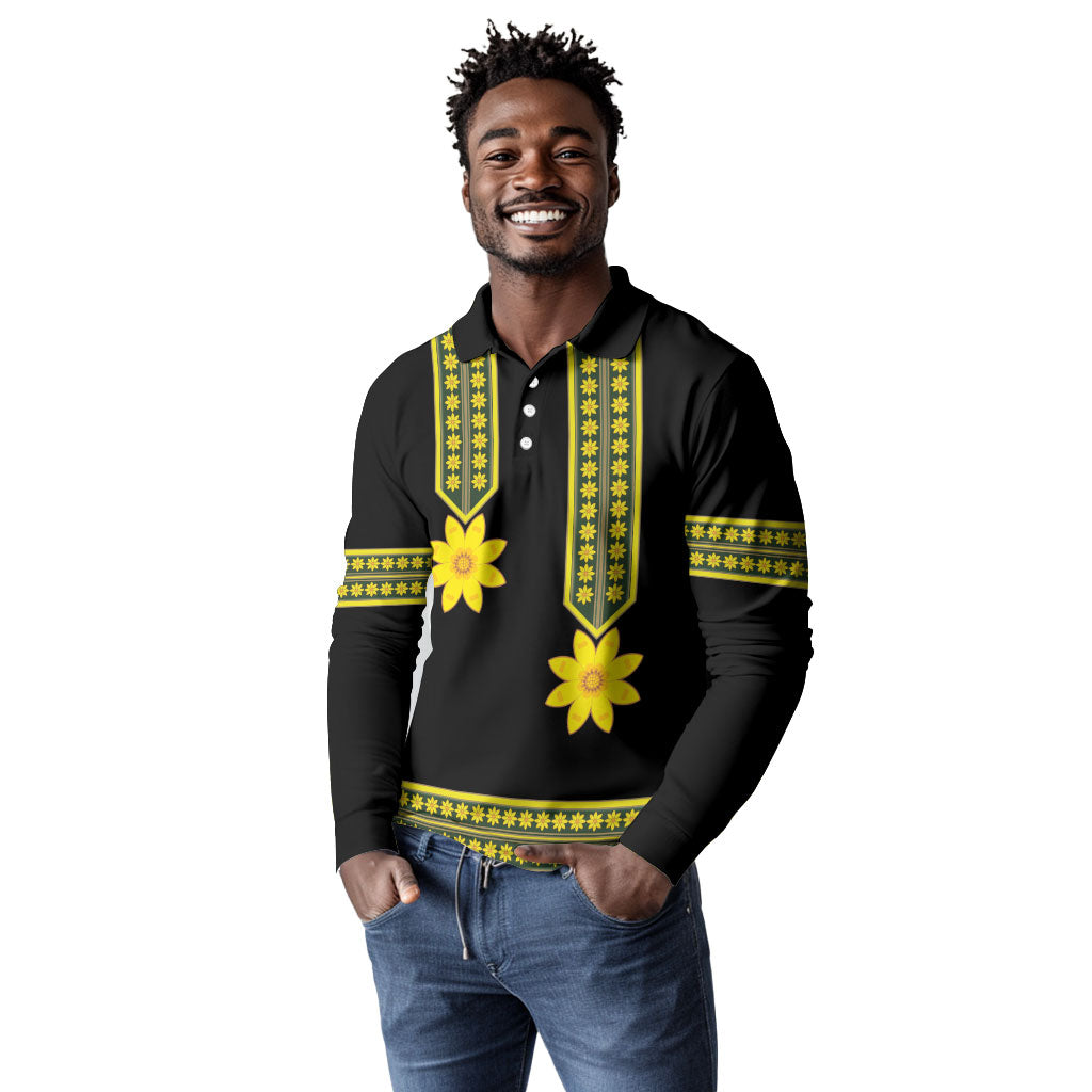 Ethiopian Enkutatash Long Sleeve Polo Shirt Black Adey Flower Tilet Habesha Inspired