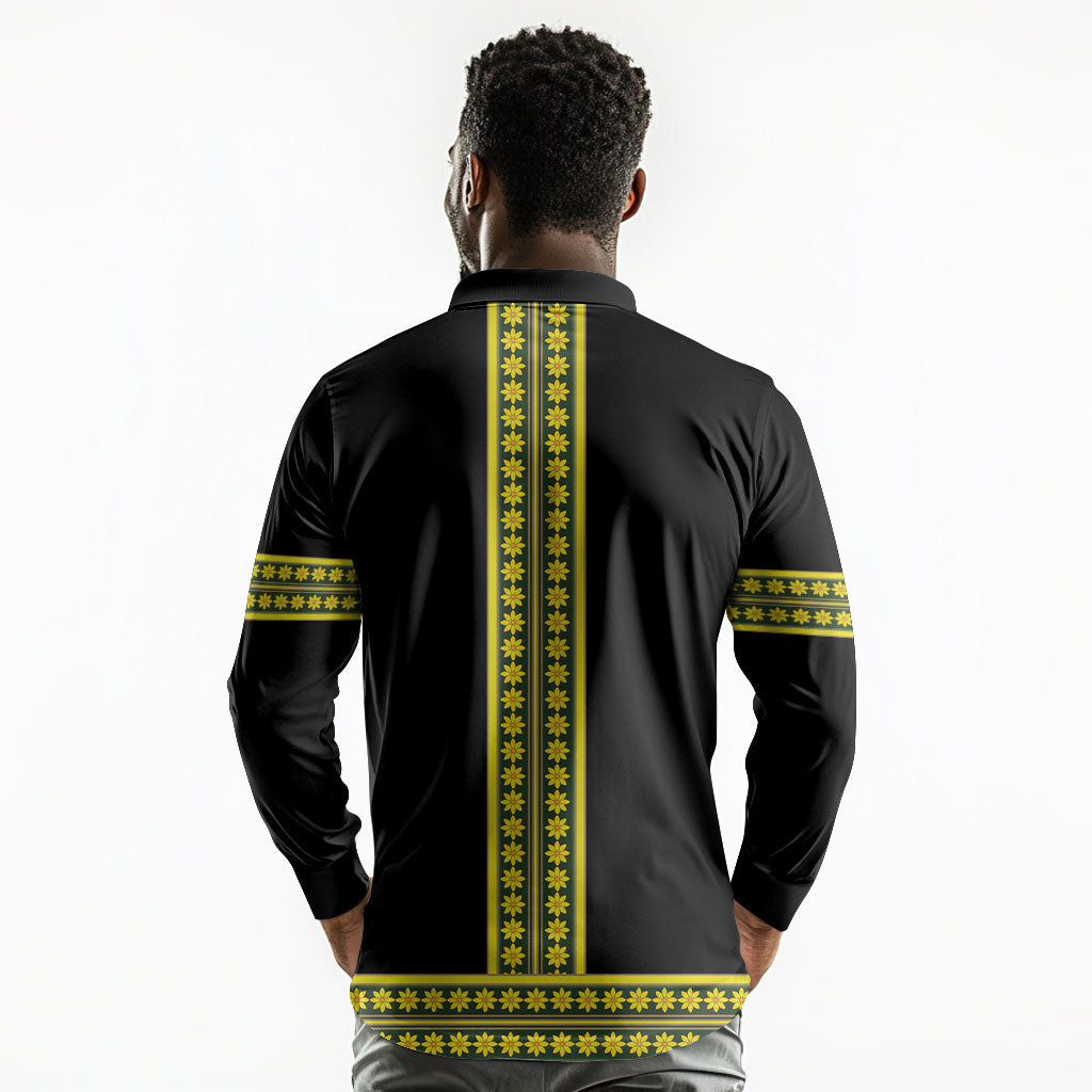 Ethiopian Enkutatash Long Sleeve Polo Shirt Black Adey Flower Tilet Habesha Inspired