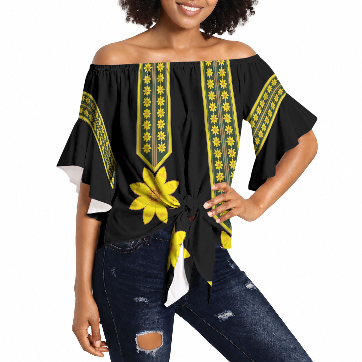 Ethiopian Enkutatash Off Shoulder Wrap Waist Top Black Adey Flower Tilet Habesha Inspired