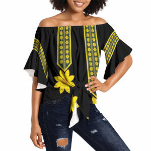 Ethiopian Enkutatash Off Shoulder Wrap Waist Top Black Adey Flower Tilet Habesha Inspired