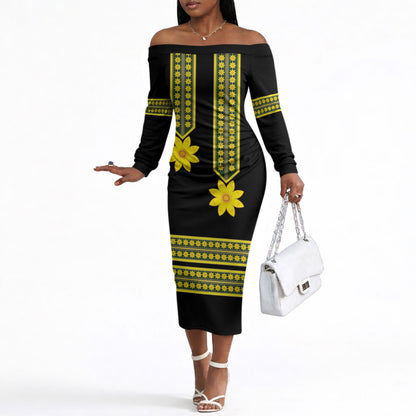 Ethiopian Enkutatash Off The Shoulder Long Sleeve Dress Black Adey Flower Tilet Habesha Inspired