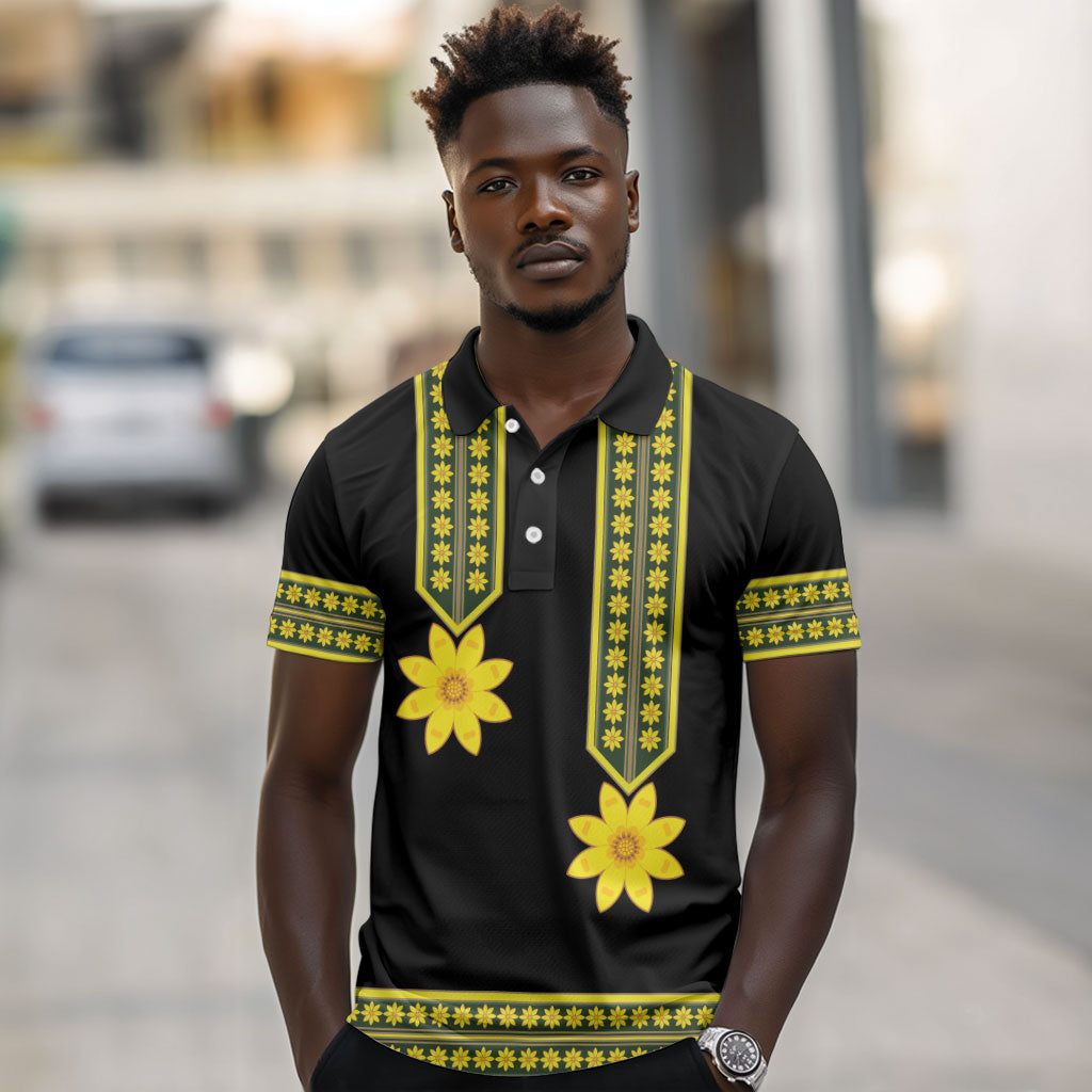 Ethiopian Enkutatash Polo Shirt Black Adey Flower Tilet Habesha Inspired