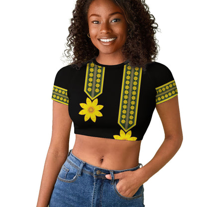 Ethiopian Enkutatash Raglan Cropped T shirt Black Adey Flower Tilet Habesha Inspired