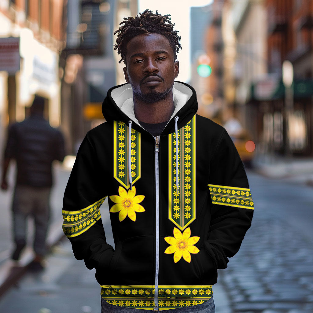 Ethiopian Enkutatash Zip Hoodie Black Adey Flower Tilet Habesha Inspired