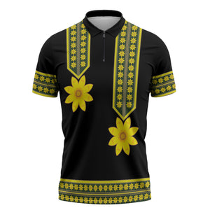 Ethiopian Enkutatash Zipper Polo Shirt Black Adey Flower Tilet Habesha Inspired