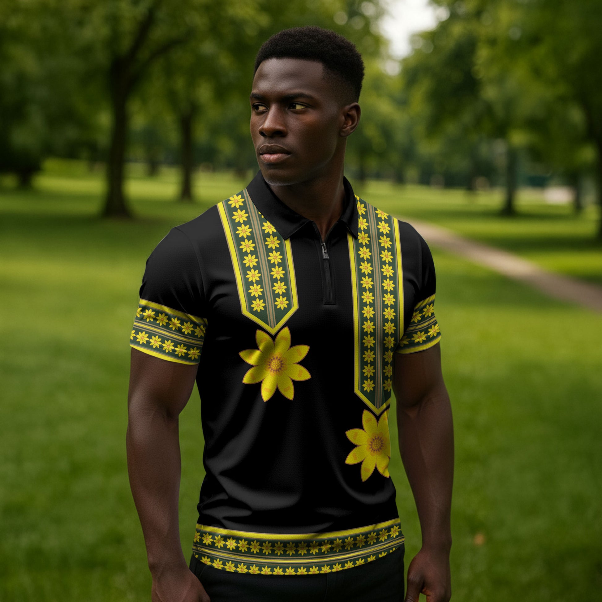 Ethiopian Enkutatash Zipper Polo Shirt Black Adey Flower Tilet Habesha Inspired