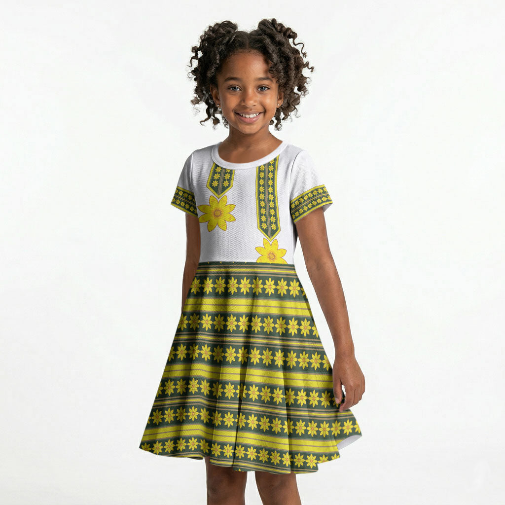 Ethiopian Enkutatash Kid Short Sleeve Dress White Adey Flower Tilet Habesha Inspired