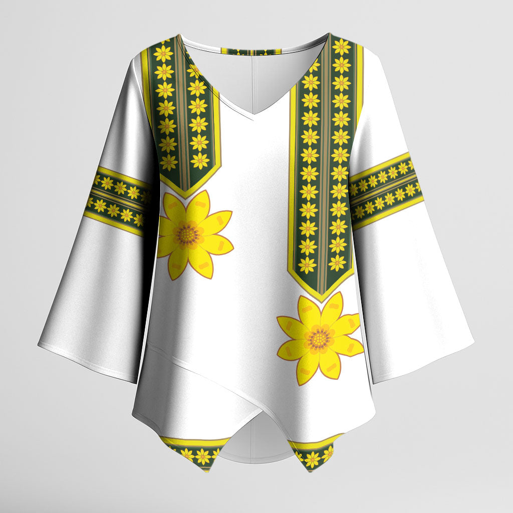 Ethiopian Enkutatash Kimono Sleeve Blouse White Adey Flower Tilet Habesha Inspired