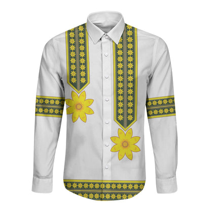 Ethiopian Enkutatash Long Sleeve Button Shirt White Adey Flower Tilet Habesha Inspired