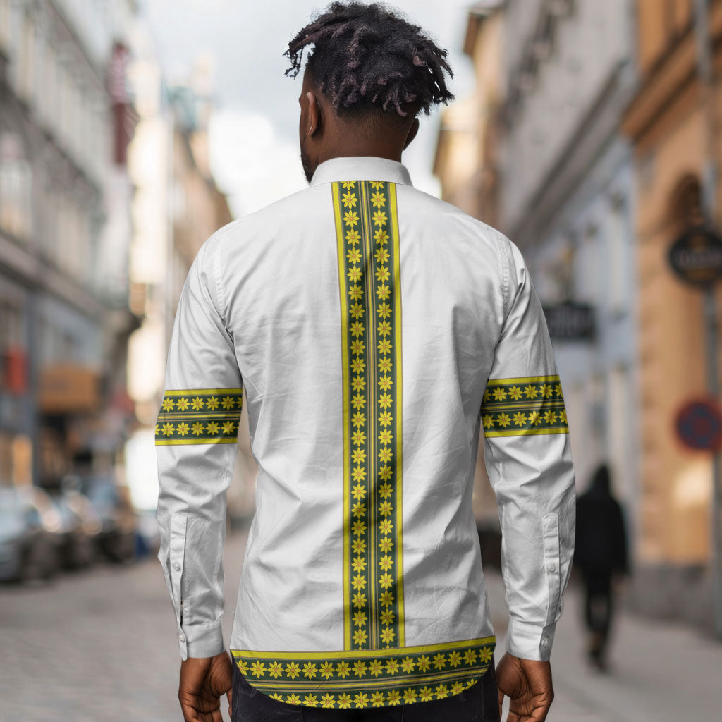 Ethiopian Enkutatash Long Sleeve Button Shirt White Adey Flower Tilet Habesha Inspired