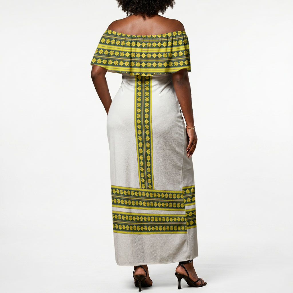Ethiopian Enkutatash Off Shoulder Maxi Dress White Adey Flower Tilet Habesha Inspired