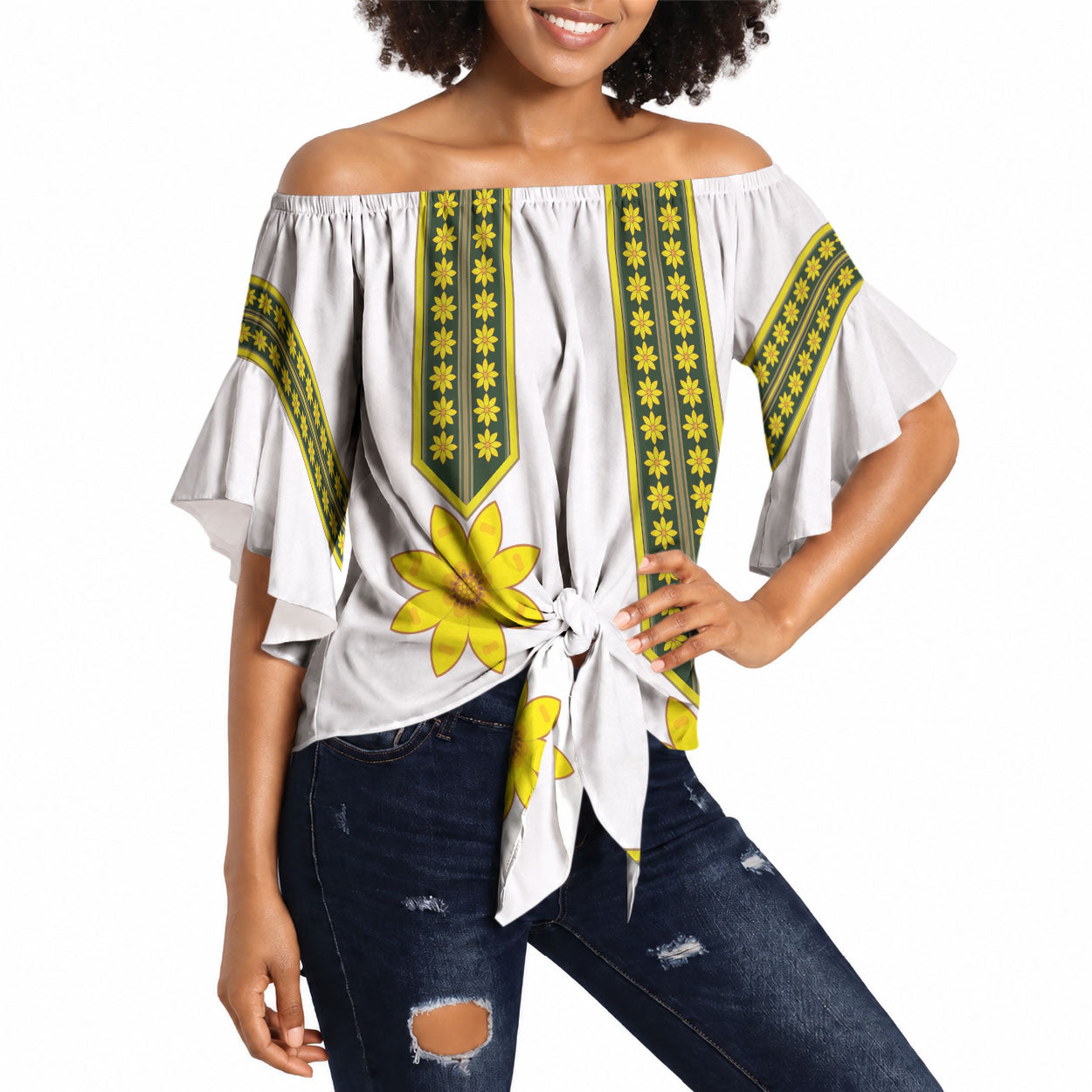Ethiopian Enkutatash Off Shoulder Wrap Waist Top White Adey Flower Tilet Habesha Inspired