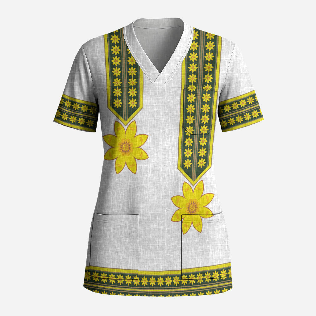Ethiopian Enkutatash Scrub Top White Adey Flower Tilet Habesha Inspired