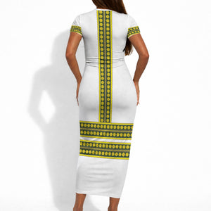 Ethiopian Enkutatash Short Sleeve Bodycon Dress White Adey Flower Tilet Habesha Inspired