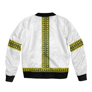 Ethiopian Enkutatash Sleeve Zip Bomber Jacket White Adey Flower Tilet Habesha Inspired