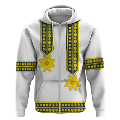 Ethiopian Enkutatash Zip Hoodie White Adey Flower Tilet Habesha Inspired