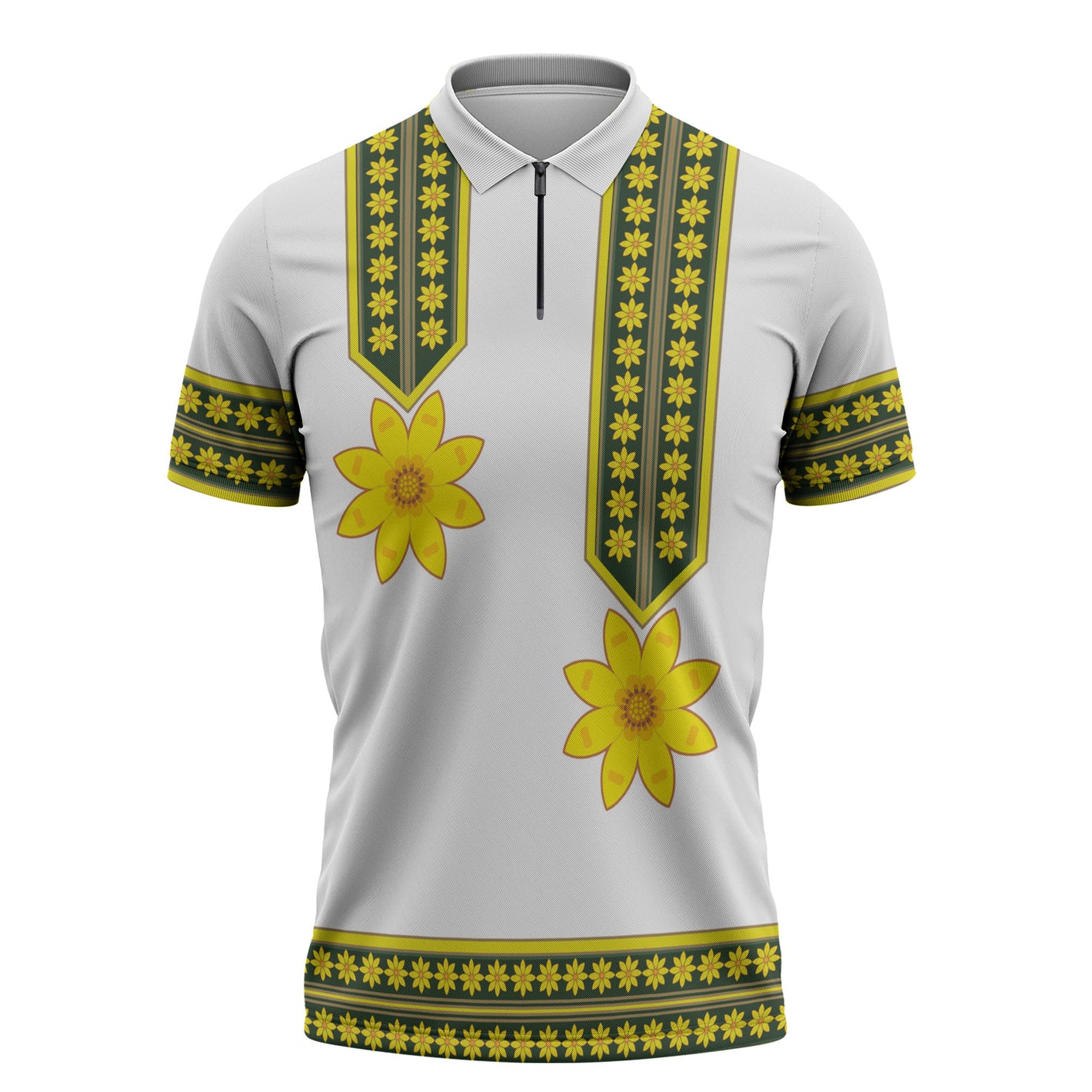 Ethiopian Enkutatash Zipper Polo Shirt White Adey Flower Tilet Habesha Inspired