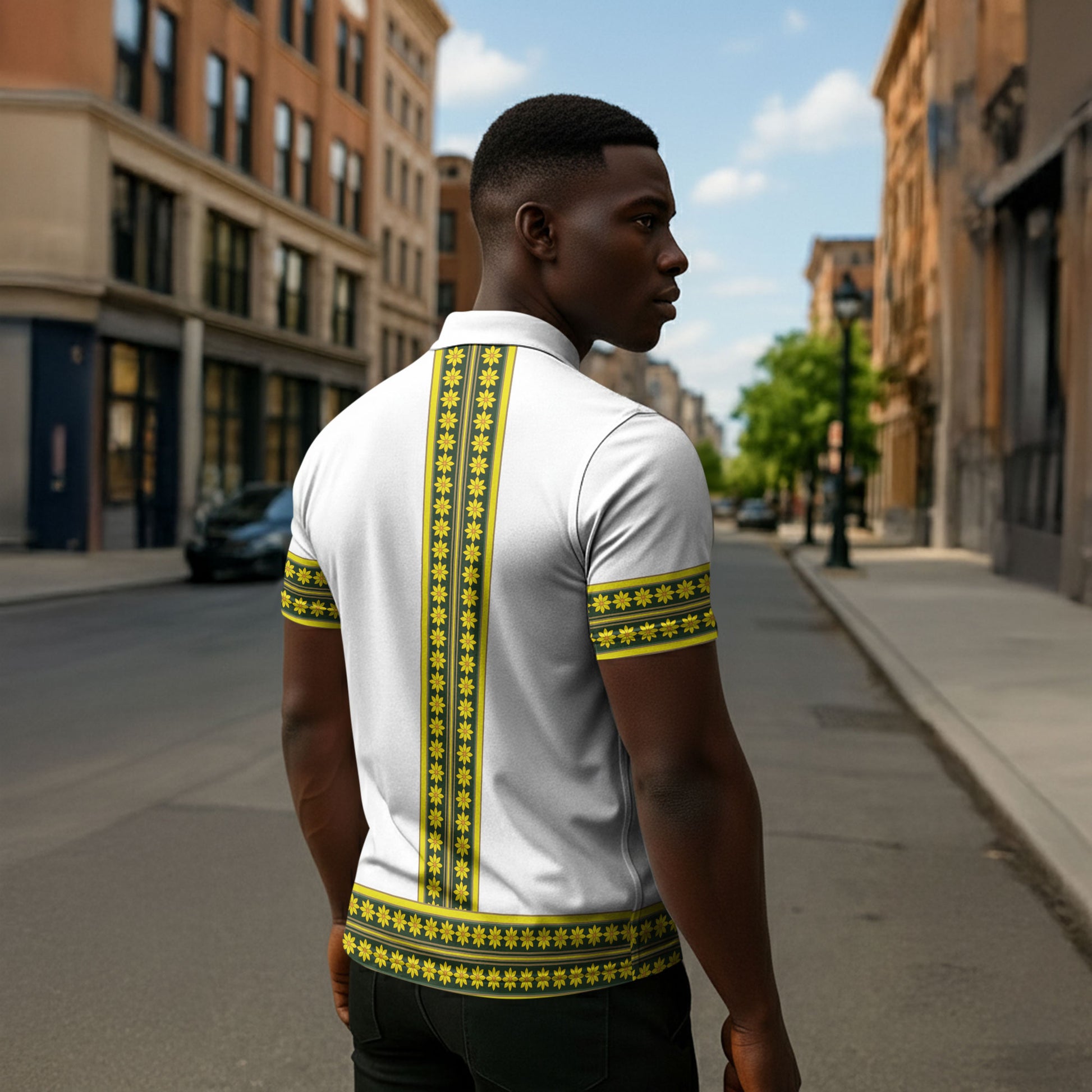 Ethiopian Enkutatash Zipper Polo Shirt White Adey Flower Tilet Habesha Inspired