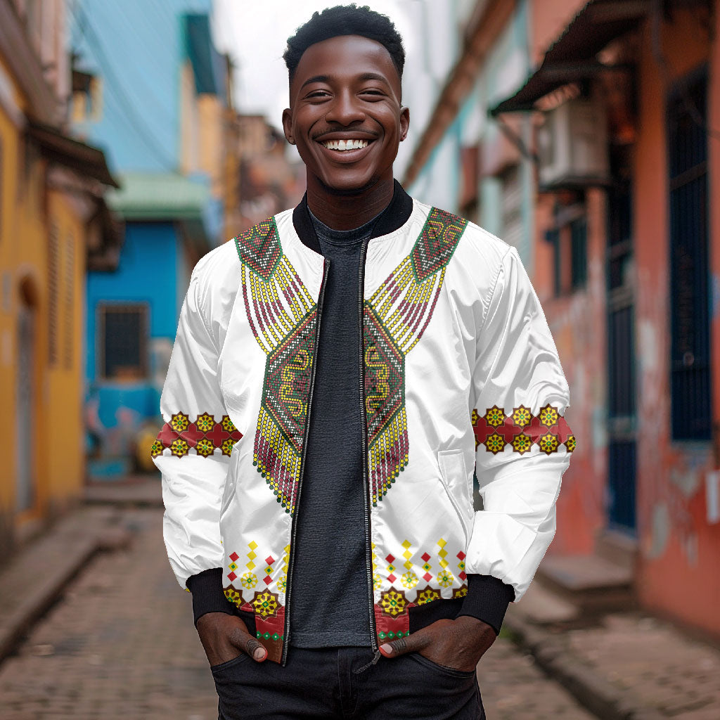 Ethiopian Enkutatash Personalized Bomber Jacket Traditional Habesha Glass D'va Necklace Inspired