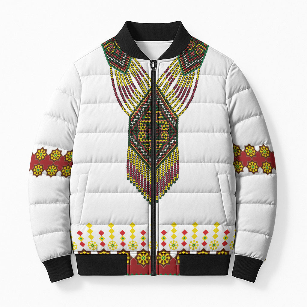 Ethiopian Enkutatash Personalized Bomber Puffer Jacket Traditional Habesha Glass D'va Necklace Inspired