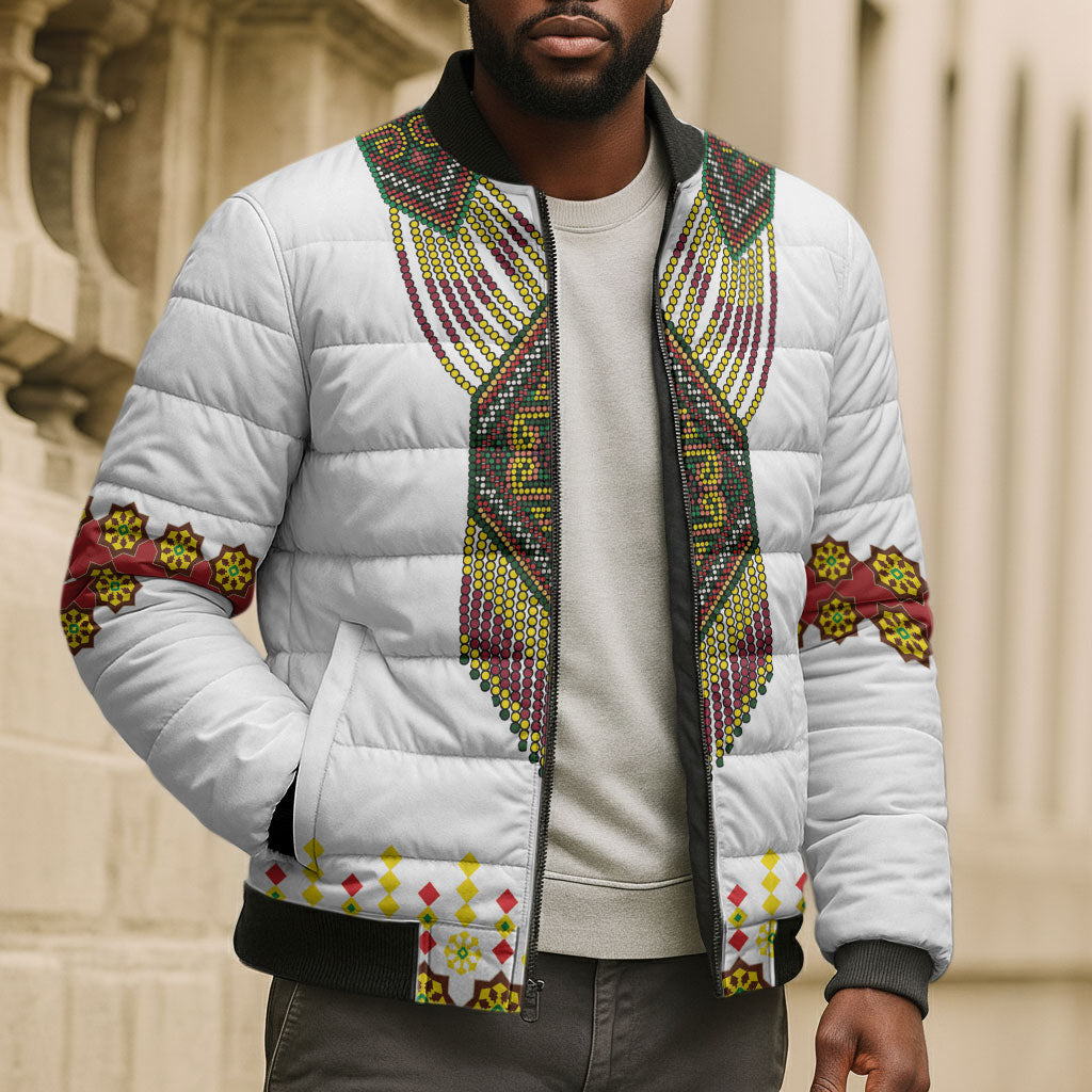 Ethiopian Enkutatash Personalized Bomber Puffer Jacket Traditional Habesha Glass D'va Necklace Inspired