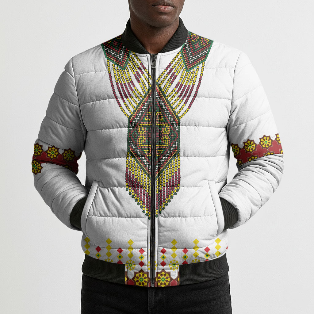 Ethiopian Enkutatash Personalized Bomber Puffer Jacket Traditional Habesha Glass D'va Necklace Inspired