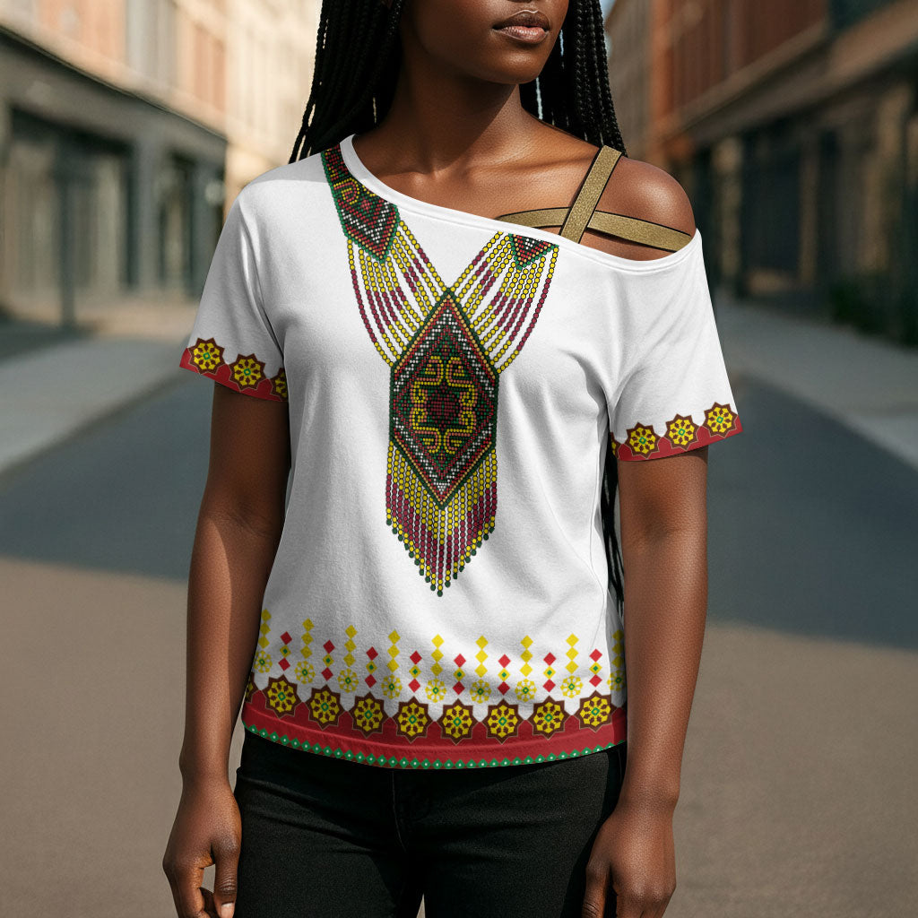 Ethiopian Enkutatash Personalized Cross Shoulder Shirt Traditional Habesha Glass D'va Necklace Inspired