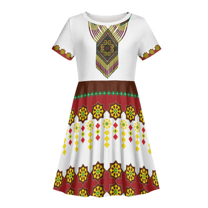 Ethiopian Enkutatash Personalized Kid Short Sleeve Dress Traditional Habesha Glass D'va Necklace Inspired