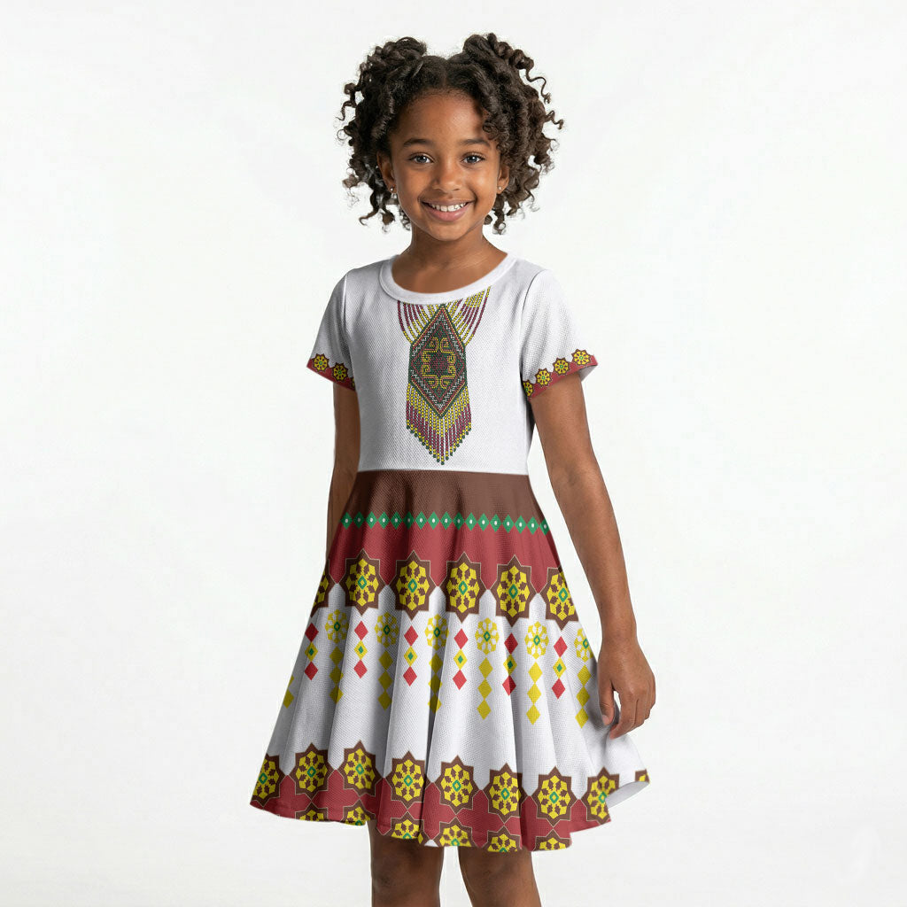 Ethiopian Enkutatash Personalized Kid Short Sleeve Dress Traditional Habesha Glass D'va Necklace Inspired