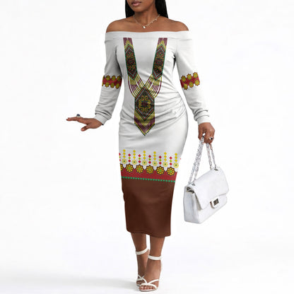 Ethiopian Enkutatash Personalized Off The Shoulder Long Sleeve Dress Traditional Habesha Glass D'va Necklace Inspired
