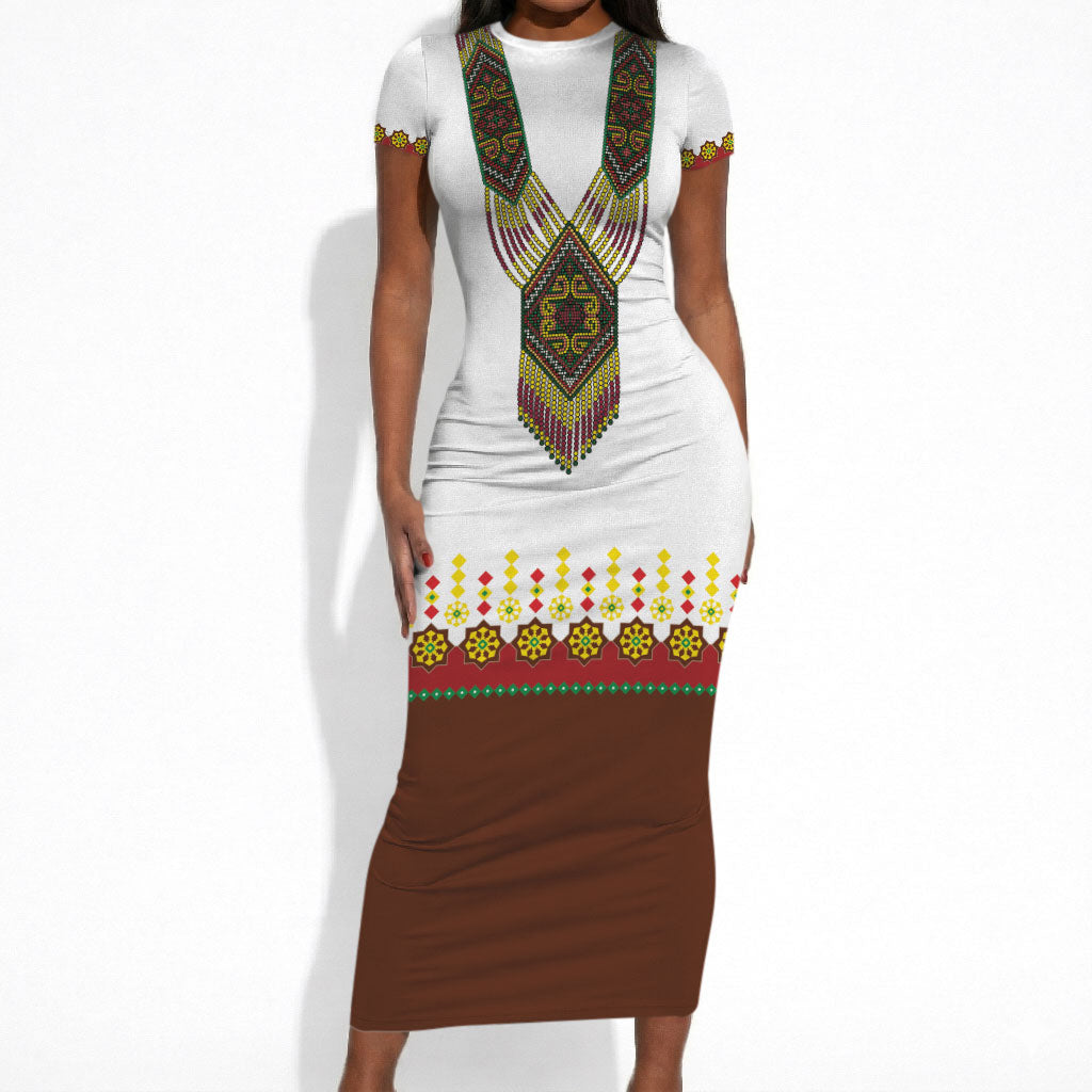 Ethiopian Enkutatash Personalized Short Sleeve Bodycon Dress Traditional Habesha Glass D'va Necklace Inspired