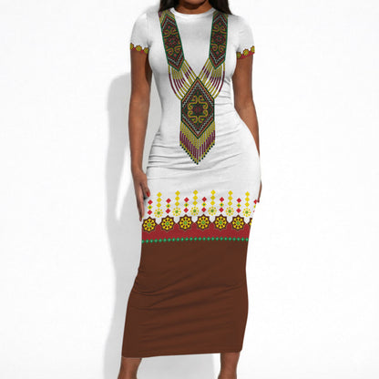 Ethiopian Enkutatash Personalized Short Sleeve Bodycon Dress Traditional Habesha Glass D'va Necklace Inspired