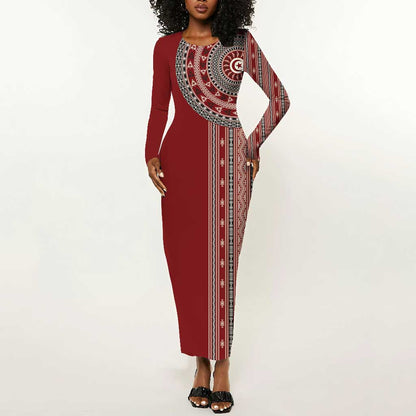 Tunisia Bakhnug Motif Long Sleeve Bodycon Dress Traditional Tunisian Embroidery Inspired - African Pride