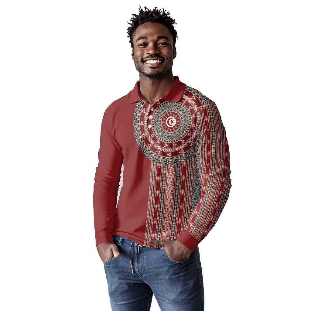Tunisia Bakhnug Motif Long Sleeve Polo Shirt Traditional Tunisian Embroidery Inspired - African Pride