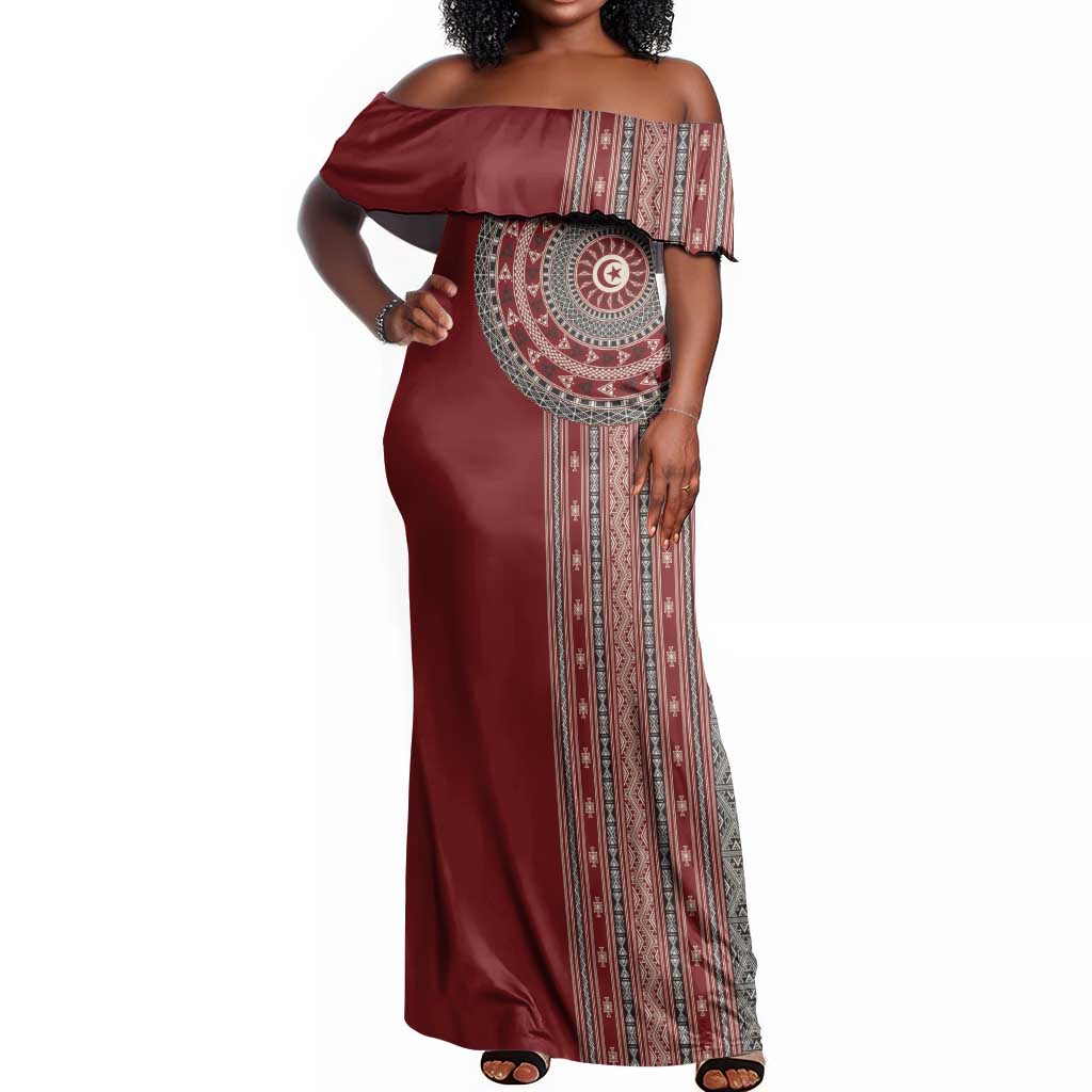 Tunisia Bakhnug Motif Off Shoulder Maxi Dress Traditional Tunisian Embroidery Inspired - African Pride