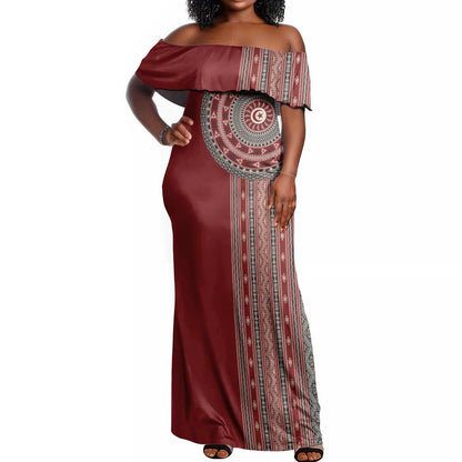 Tunisia Bakhnug Motif Off Shoulder Maxi Dress Traditional Tunisian Embroidery Inspired - African Pride