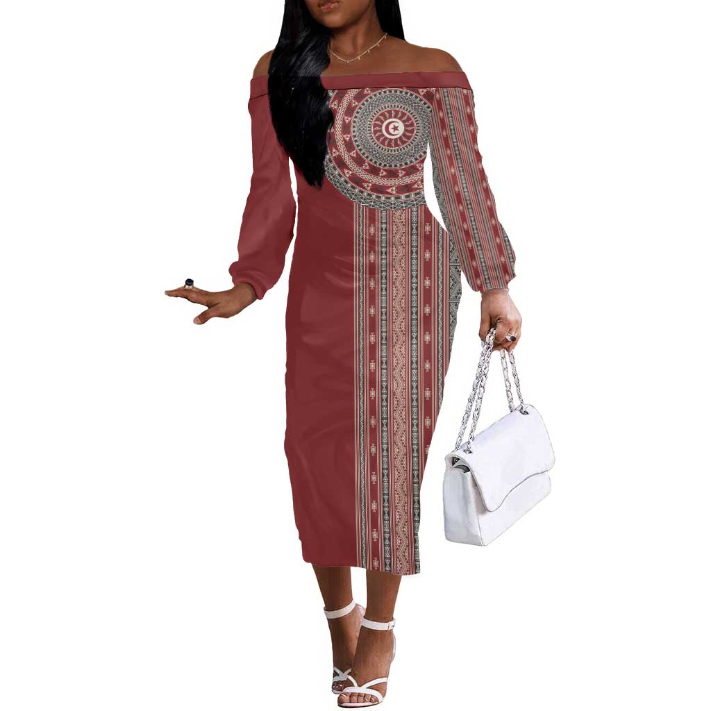 Tunisia Bakhnug Motif Off The Shoulder Long Sleeve Dress Traditional Tunisian Embroidery Inspired - African Pride