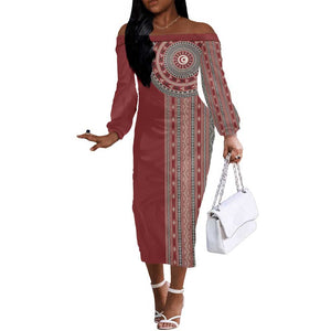 Tunisia Bakhnug Motif Off The Shoulder Long Sleeve Dress Traditional Tunisian Embroidery Inspired - African Pride