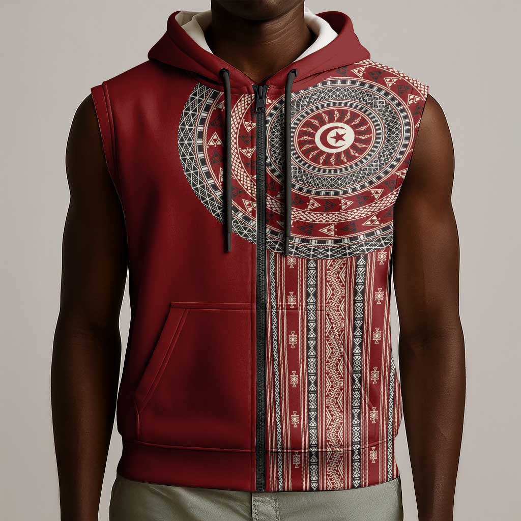 Tunisia Bakhnug Motif Sleeveless Zip Hoodie Traditional Tunisian Embroidery Inspired - African Pride