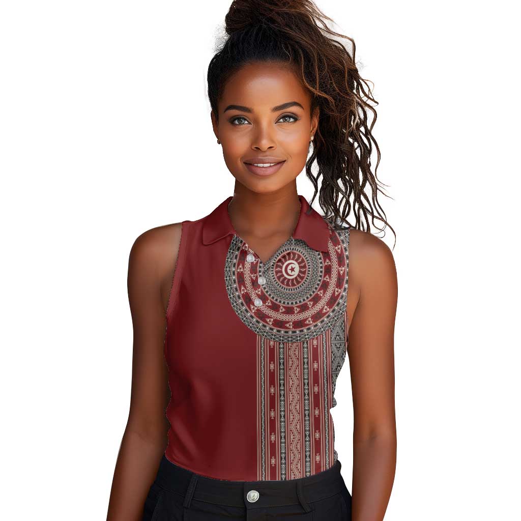 Tunisia Bakhnug Motif Women Sleeveless Polo Shirt Traditional Tunisian Embroidery Inspired - African Pride