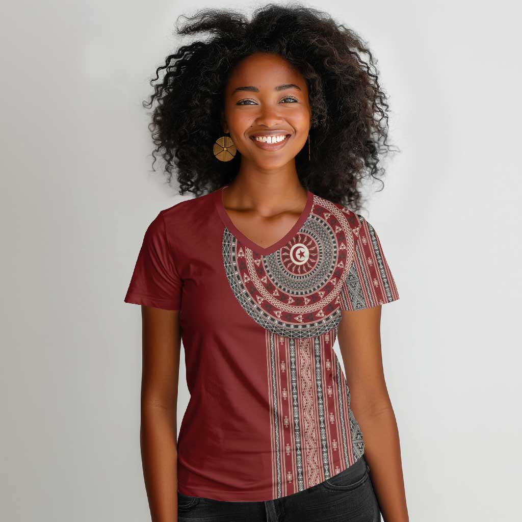 Tunisia Bakhnug Motif Women V-Neck T-Shirt Traditional Tunisian Embroidery Inspired LT9