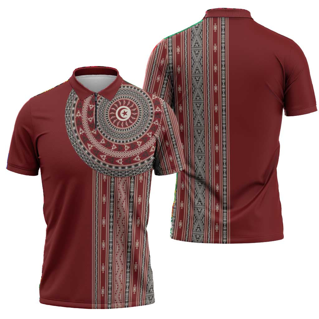 Tunisia Bakhnug Motif Zipper Polo Shirt Traditional Tunisian Embroidery Inspired - African Pride