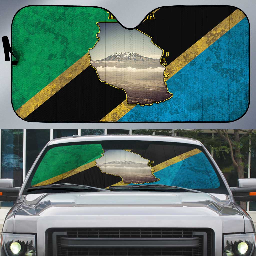 African Volcano Kilimanjaro Tanzania Auto Sun Shade Grunge Flag Map of Tanzania