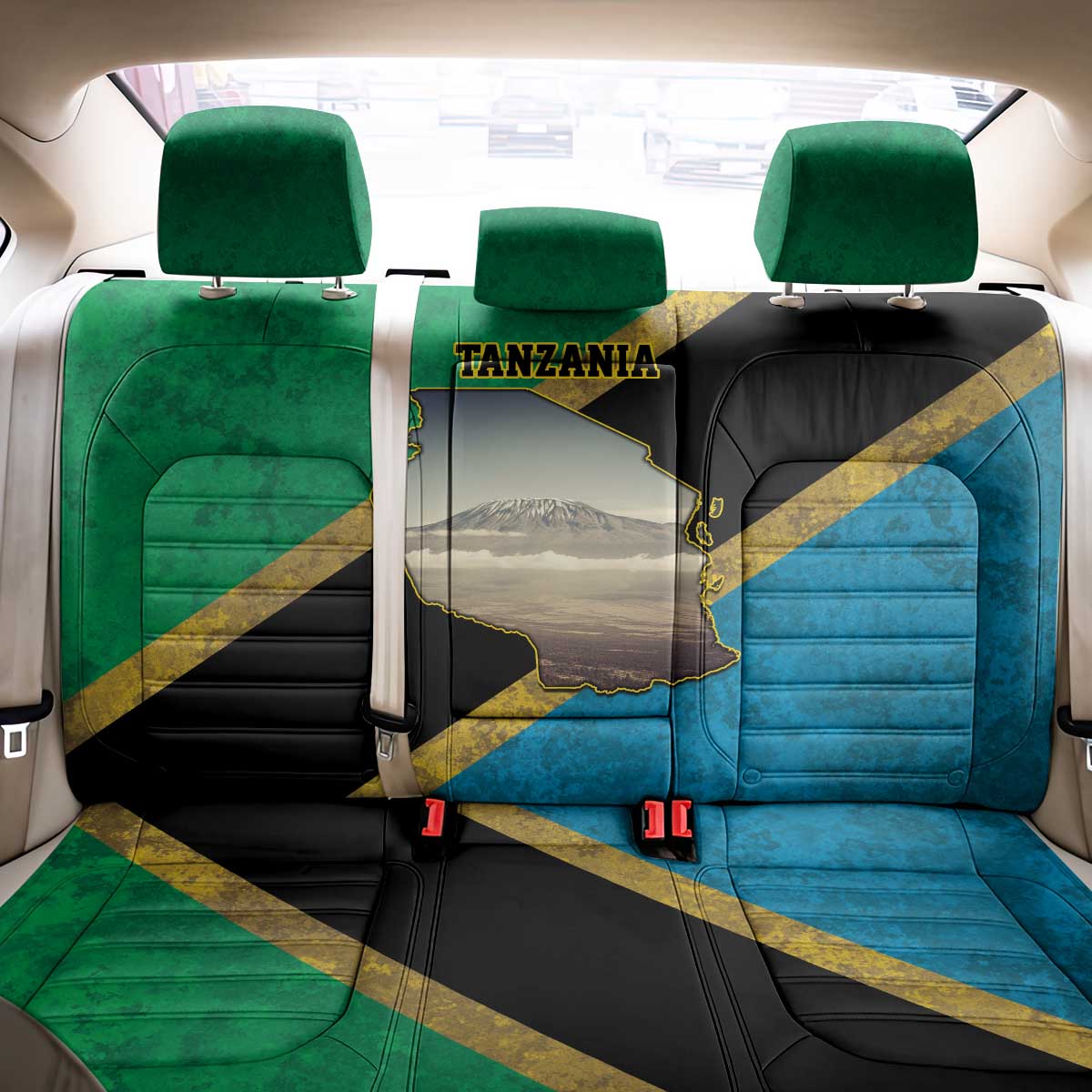 African Volcano Kilimanjaro Tanzania Back Car Seat Cover Grunge Flag Map of Tanzania - African Pride
