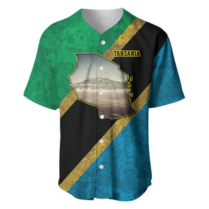 African Volcano Kilimanjaro Tanzania Baseball Jersey Grunge Flag Map of Tanzania - African Pride