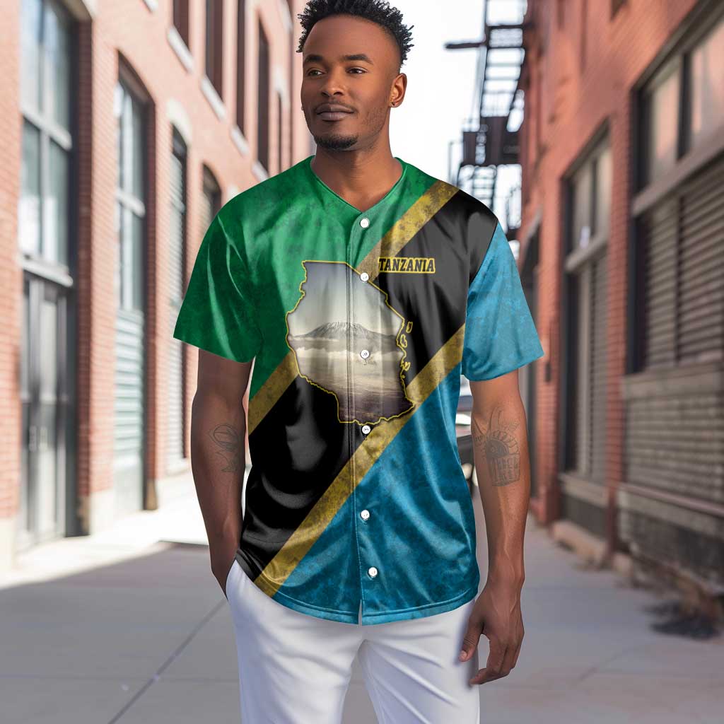 African Volcano Kilimanjaro Tanzania Baseball Jersey Grunge Flag Map of Tanzania - African Pride