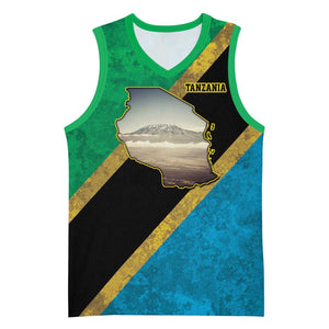 African Volcano Kilimanjaro Tanzania Basketball Jersey Grunge Flag Map of Tanzania - African Pride