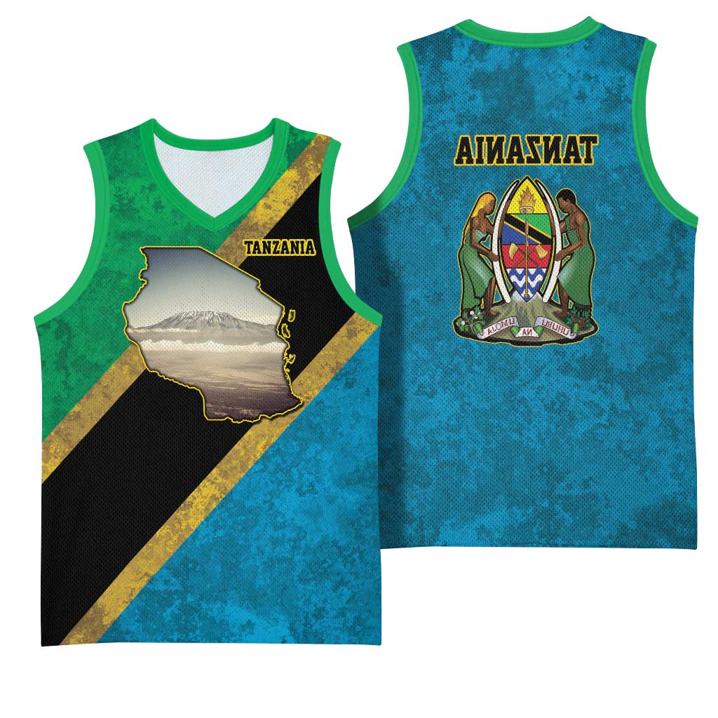 African Volcano Kilimanjaro Tanzania Basketball Jersey Grunge Flag Map of Tanzania - African Pride