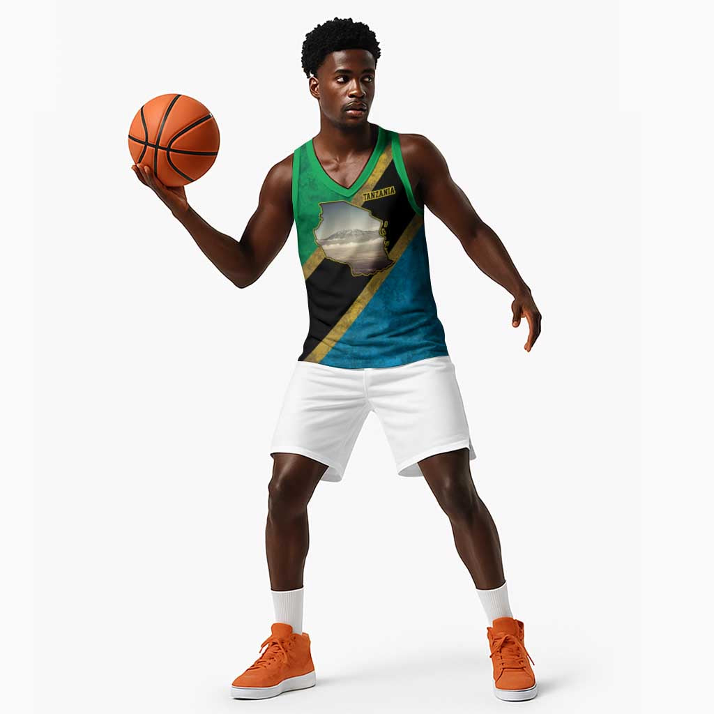 African Volcano Kilimanjaro Tanzania Basketball Jersey Grunge Flag Map of Tanzania - African Pride